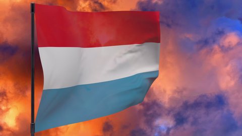 Luxembourg waving flag seamless loop 3d animation 4k . Luxembourg flag on pole with sky background