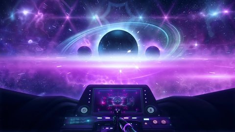 3D Synthwave Spaceship and Planets VJ Loop Motion Graphic Background.