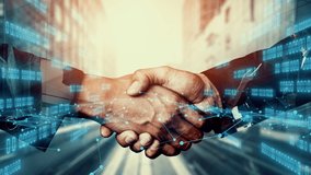 Imaginative visual business handshake with computer graphic of investment data . Futuristic business marketing and partnership deals . 3D Rendering . - Powered by Shutterstock - Get 15% off with code: PIKWIZARD15