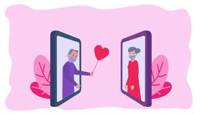 Elderly man animation wear face mask while giving a balloons shaped a heart symbol to his wife through mobile phone. Cartoon in 4k resolution - Powered by Shutterstock - Get 15% off with code: PIKWIZARD15