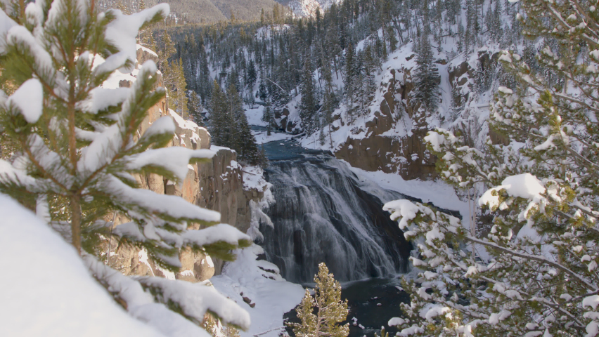 Water falls over a cliffside into the river below. Snowy mountains and pinetrees surround the area. Abundant wildlife and birds can be seen flying across the sky.