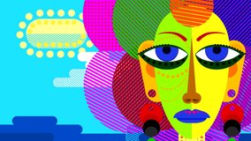 Abstract painted girl head with multi-colored face elements, rotating eyes and hair. Animation of a fantastic character with moving facial expressions. Looped video of drawing on a blue landscape.