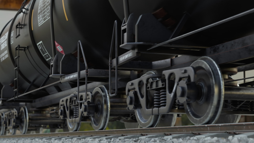 Refinery oil industry and transportation crude fuel by train via railroad. Close up view to the wagon wheels of the cisterns of the freight train near the industrial station, loop 3d animation.