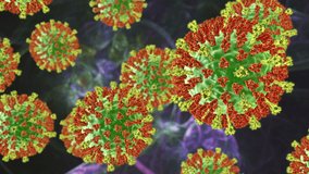 Measles virus. 3D animation showing measles viruses with surface glycoprotein spikes heamagglutinin-neuraminidase (red) and fusion protein (yellow) - Powered by Shutterstock - Get 15% off with code: PIKWIZARD15
