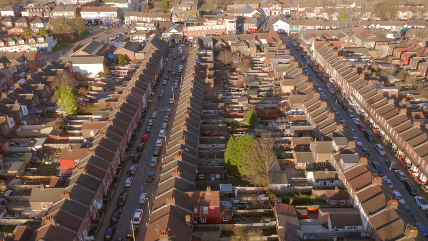Aerial View of Terraced Working Class Housing in Luton at Sunset Royalty-Free Stock Footage #1068369140