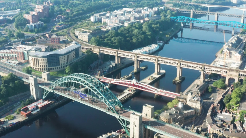 Aerial view of Tyne Bridge in Newcastle upon Tyne Royalty-Free Stock Footage #1068369464