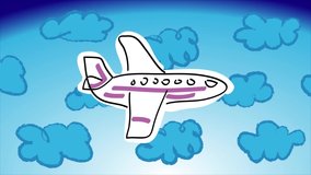 Cartoon large airplane flies in sky among the clouds. White passenger airbus with pink stripes. Moving: clouds, airplane. Style: children's freehand drawing. 2D flat bright animation. Looping video.