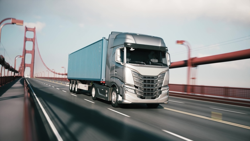 Cargo truck with container driving on the bridge. Delivery by truck. Semi-Truck with Cargo Trailer. 3d visualization | Shutterstock HD Video #1068378023