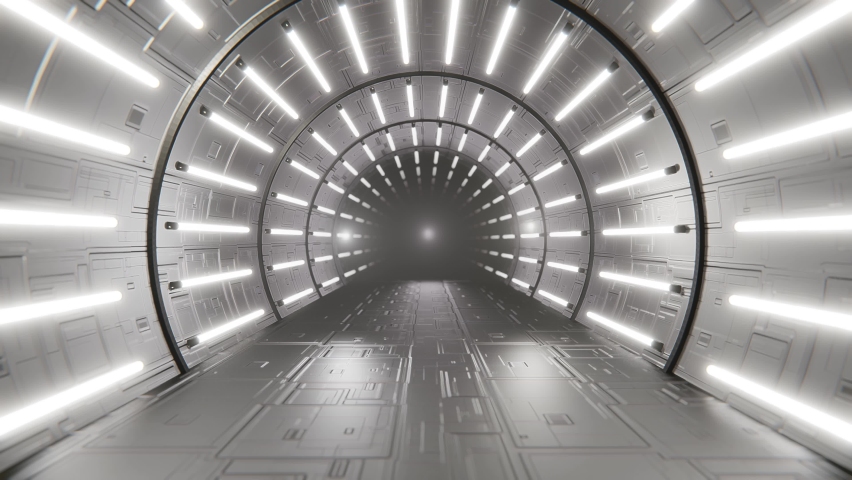 Abstract animation loop futuristic Sci Fi corridor white neon tube lights glowing. Floor room with reflections empty space. Spaceship, Future, Arch. 3D 4K loop animation Royalty-Free Stock Footage #1068378947