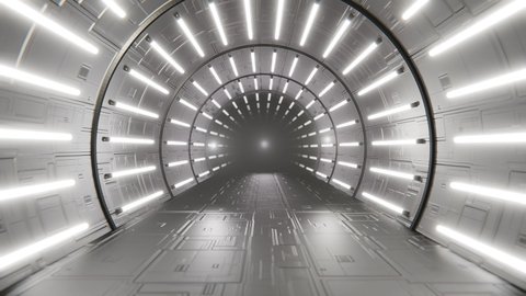 Abstract animation loop futuristic Sci Fi corridor white neon tube lights glowing. Floor room with reflections empty space. Spaceship, Future, Arch. 3D 4K loop animation
