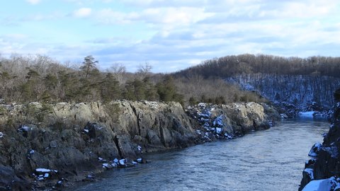 Mather Gorge, a narrow gorge with steep, rocky cliffs on the Potomac River south of Great Falls, seen on a winter day from the Virginia side of the river.