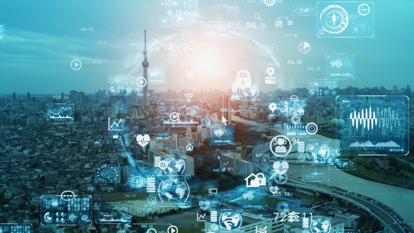 Smart city and communication network concept. 5G. IoT (Internet of Things). Telecommunication. - Powered by Shutterstock - Get 15% off with code: PIKWIZARD15