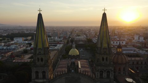 Slow Establishing Shot of Guadalajara Cathedral during Dramatic Sunrise