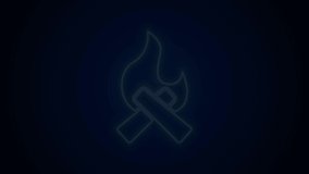 Glowing neon line Campfire icon isolated on black background. Burning bonfire with wood. 4K Video motion graphic animation.