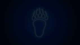 Glowing neon line Bear paw footprint icon isolated on black background. 4K Video motion graphic animation.