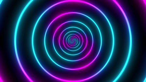 Minimal thin fluorescent spiral in infinite rotation. Funky holographic backdrop in retrowave style. Shiny fibonacci swirl in purple, blue and pink neon colors. Seamless loop animation.