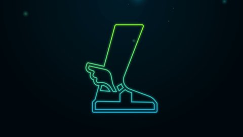 Glowing neon line Hermes sandal icon isolated on black background. Ancient greek god Hermes. Running shoe with wings. 4K Video motion graphic animation.