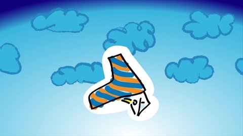 Man on a cartoon yellow-blue hang-glider soars in the sky among blue clouds. Flying guy. On the move: clouds, hang glider. Style: children's freehand drawing, child art. 2D flat bright animation.