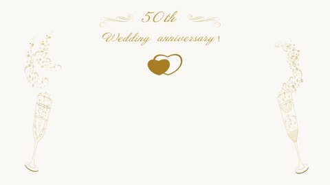 50th wedding anniversary beautiful graphic animation. Golden color. Glasses for the bride and groom with a decorative pattern. Gold wedding rings and hearts. Romantic mood.
