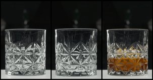 Video collage of three clips with rock glasses for whiskey. Pouring alcoholic drink, putting ice cube and lemon slice. Preparing cocktail in bar. 