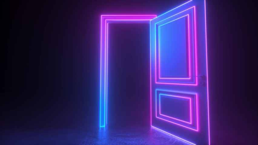 Abstract open door to universe. Lines appear. Cyberpunk neon door background concept. Pink violet neon. Hologram led laser door. Flight forward, entering inside the doorway. 3d animation, 4K Royalty-Free Stock Footage #1068396965