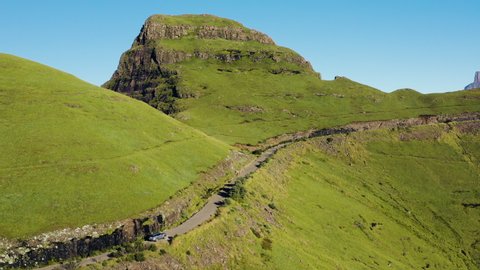 Spectacular aerial view of the scenic drive to the Sentinel carpark.  The Amphitheatre, Drakensberg, South Africa