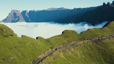 Spectacular aerial view of the scenic drive to the Sentinel carpark.  The Amphitheatre, Drakensberg, South Africa