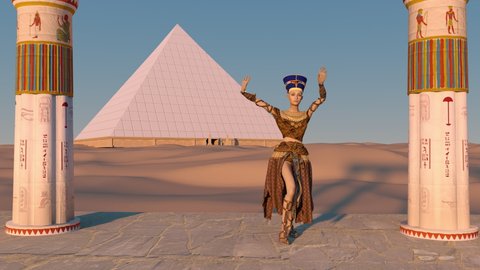 Queen Nefertiti dancing in front of the great pyramid of Giza and a view of the desert in the ancient temple. Historical animation. The Great Pyramids In Giza Valley, Cairo, Egypt