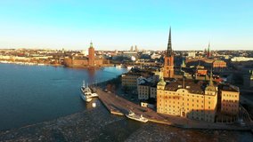 Aerial view shot of Stockholm Old Town, City Hall and Riddarholmen