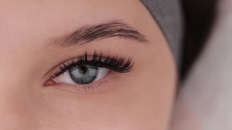 Close up portrait of female eyes after eyelash extension procedure. Young girl open eyes with fake eyelashes. Eyelashes extensions close up.