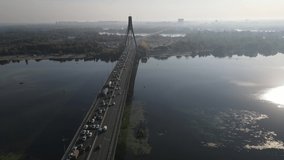 Aerial view of the cable-stayed north bridge in Kiev