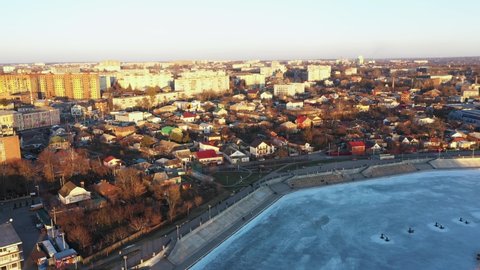 The Vinnitsa city in Ukraine at the winter aerial view.