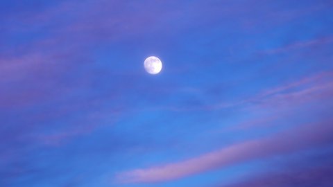 Close view on rising vertically full moon on clear blue sky during evening hiding temporarily behind long clouds. Excellent video for video production as background or mixing with other films