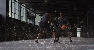 Animation of floating shiny dots over man and woman playing basketball. Digital interface global sport and performance concept digitallygenerated video.