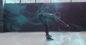 Animation of networks of connections over man stretching, exercising in gym. Digital interface global sport and performance concept digitally generated video.