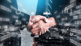 Imaginative visual business handshake with computer graphic of investment data . Futuristic business marketing and partnership deals . 3D Rendering . - Powered by Shutterstock - Get 15% off with code: PIKWIZARD15