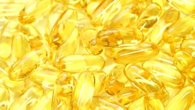 4K closeup Omega 3 fish oil pills background, vitamin E natural capsules texture