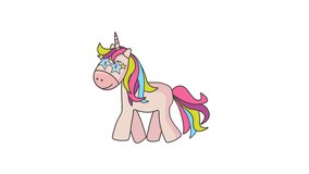Magic unicorn
is walking in sunglasses. Cartoon character for children's animation.
Animated 4K video without background.