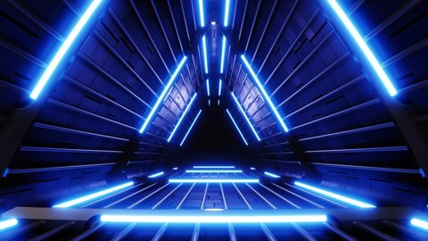 Beautiful abstract triangular tunnel with blue lights. Background Futuristic tunnel with neon lights. Cosmic ultraviolet corridor. Looped art concept of 3d Animation. 4K Ultra HD 3840x2160