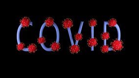 3d video animation blue text covid with red molecules of covid-19 on it on black background. Coronavirus concept. Idea of pandemic, epidemic. Digital writing, title, inscription.