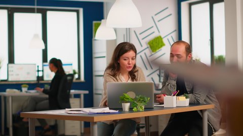 Young businesspeople using laptop, showing new startup idea, sitting at desk in modern company office. Two colleagues working together for innovative product design in creative studio.