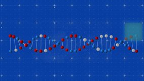 Animation of 3d dna strand spinning and flickering squares on blue background. global science, connection and communication concept digitally generated video.