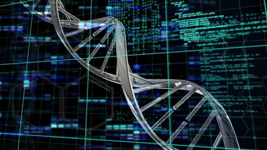 Animation of 3d dna strand spinning and scientific data processing on black background. global science, connection and communication concept digitally generated video. - Powered by Shutterstock - Get 15% off with code: PIKWIZARD15