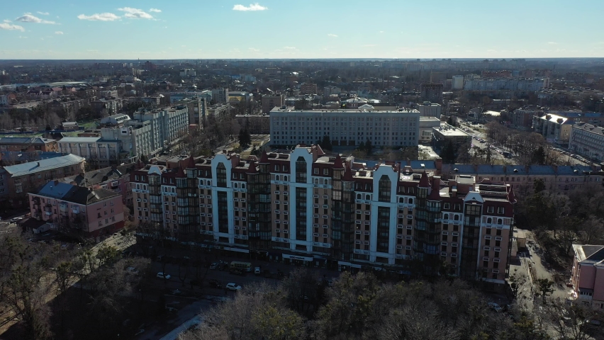 Europe, Poltava, Ukraine - March 2021: Aerial view of the city. Sights of the city from above. Regional State Council building (ODA)