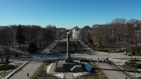 Europe, Poltava, Ukraine - March 2021: Aerial view of the city. Sights of the city from above. Glory Monument