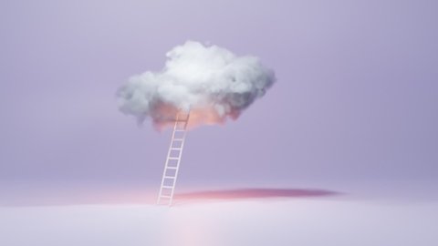 Fluffy soft white cloud, like cotton candy, on purple isolated background. Stairway to sky. Conceptual art, creative idea and dreams, concept of success, growth and development, climb career ladder