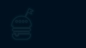 Glowing neon line Burger icon isolated on black background. Hamburger icon. Cheeseburger sandwich sign. Fast food menu. 4K Video motion graphic animation.