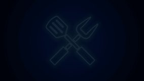 Glowing neon line Crossed fork and spatula icon isolated on black background. BBQ fork and spatula sign. Barbecue and grill tools. 4K Video motion graphic animation.