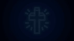 Glowing neon line Christian cross icon isolated on black background. Church cross. 4K Video motion graphic animation.