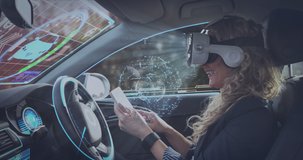 Animation of information displays with woman in vr headset using smartphone in self driving car. communication technology digital interface concept, digitally generated video.